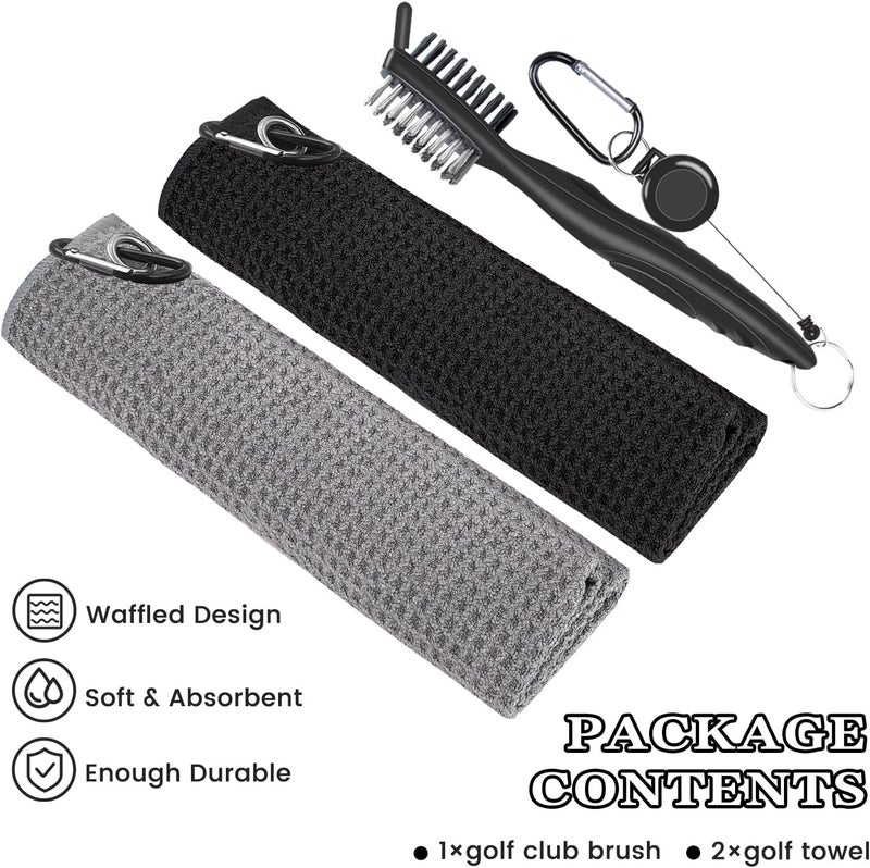 Seticek 2 Pack Golf Towel (16" X 16") with Club Brush, Microfiber Waffle Pattern Golf Towels for Golf Bags for Men,Essential Golf Combo Cleaning Kit (Black+Gray) - Image 2